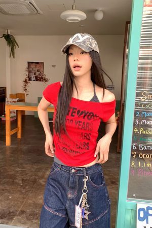 Distressed Letter Off-Shoulder Halter Two-Piece Summer T-Shirt - Slim Fit Women's Short Sleeve Top - 90s Inspired Fashion