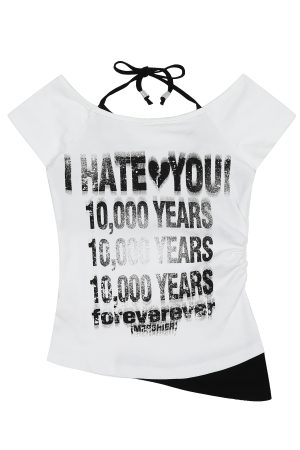 Distressed Letter Off-Shoulder Halter Two-Piece Summer T-Shirt - Slim Fit Women's Short Sleeve Top - 90s Inspired Fashion