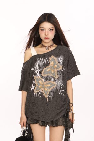 Distressed Patch Butterfly Off-Shoulder Short Sleeve T-Shirt for Women - Summer 90s Style Sweet and Cool Top