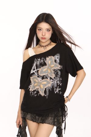 Distressed Patch Butterfly Off-Shoulder Short Sleeve T-Shirt for Women - Summer 90s Style Sweet and Cool Top