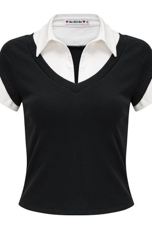 DIY American Retro Design Fake Two-Piece Lapel Short Sleeve T-Shirt for Women - Slim Fit Vintage Inspired Top