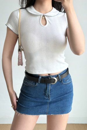 DIY American Vintage Doll Collar White Short Sleeve T-Shirt for Women - Summer Slim Fit Y2K Style Top