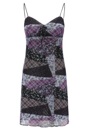 DIY American Vintage Floral Patchwork Mesh V-Neck Spaghetti Strap Dress - Women's Summer Slim Short Skirt, Y2K Style