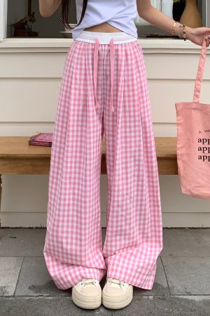 Dopamine Blue Plaid Pants for Women - Relaxed Mid-Waist Straight-Leg Wide-Leg Trousers - Casual 90s Inspired Style