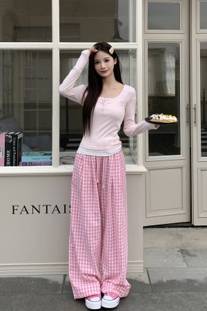 Dopamine Blue Plaid Pants for Women - Relaxed Mid-Waist Straight-Leg Wide-Leg Trousers - Casual 90s Inspired Style