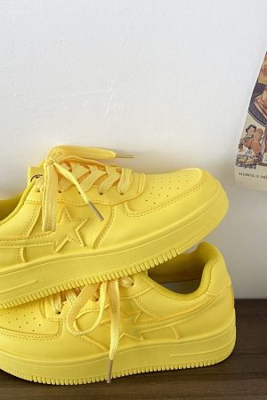 Dopamine Yellow Star Low-Top Sneakers for Women - Versatile Casual Sports Shoes for Spring Summer Trendy Style
