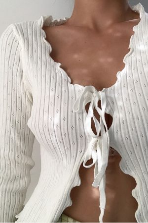 Early Autumn Retro Sweet Lace-Edged V-Neck Hollow Out Tie Long Sleeve Knitted Cardigan Short Jacket Top for Y2K Style