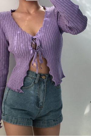 Early Autumn Retro Sweet Lace-Edged V-Neck Hollow Out Tie Long Sleeve Knitted Cardigan Short Jacket Top for Y2K Style