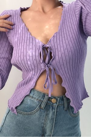 Early Autumn Retro Sweet Lace-Edged V-Neck Hollow Out Tie Long Sleeve Knitted Cardigan Short Jacket Top for Y2K Style