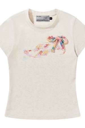 Elastic Knitted Crayon Flower Short-Sleeve Summer T-Shirt for Women - Waist-Cinching Slim Fit, Trendy Y2K Style