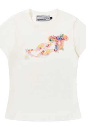 Elastic Knitted Crayon Flower Short-Sleeve Summer T-Shirt for Women - Waist-Cinching Slim Fit, Trendy Y2K Style