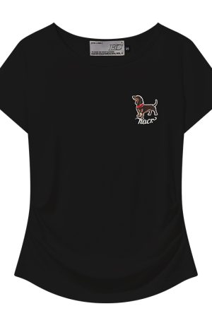 Elastic Knitted Embroidered Puppy Short Sleeve Summer T-Shirt for Women - Slim Fit, Casual Style, Perfect for 90s and Y2K Fashion