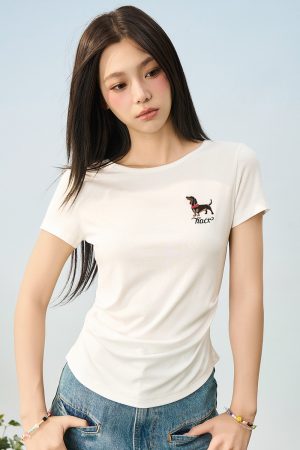 Elastic Knitted Embroidered Puppy Short Sleeve Summer T-Shirt for Women - Slim Fit, Casual Style, Perfect for 90s and Y2K Fashion