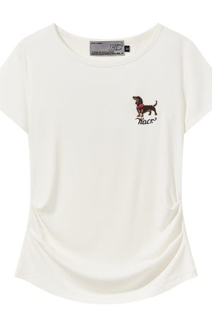 Elastic Knitted Embroidered Puppy Short Sleeve Summer T-Shirt for Women - Slim Fit, Casual Style, Perfect for 90s and Y2K Fashion