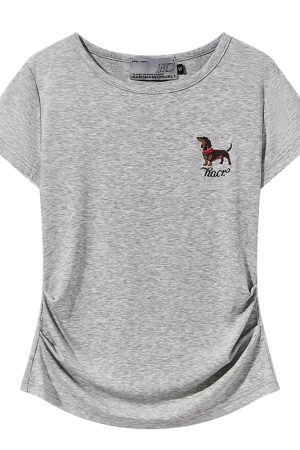 Elastic Knitted Embroidered Puppy Short Sleeve Summer T-Shirt for Women - Slim Fit, Casual Style, Perfect for 90s and Y2K Fashion