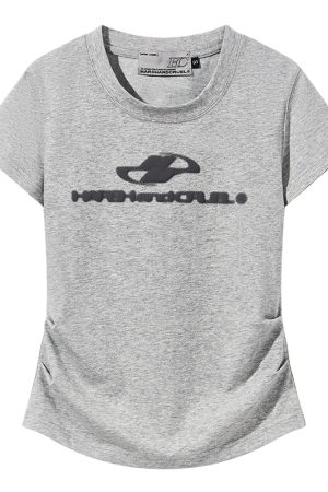 Elastic Knitted Logo Short-Sleeve Summer T-Shirt for Women - Slim Fit Casual Top, Perfect for 90s and Y2K Styles