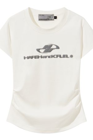 Elastic Knitted Logo Short-Sleeve Summer T-Shirt for Women - Slim Fit Casual Top, Perfect for 90s and Y2K Styles