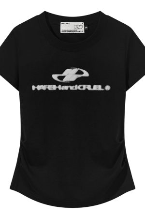 Elastic Knitted Logo Short-Sleeve Summer T-Shirt for Women - Slim Fit Casual Top, Perfect for 90s and Y2K Styles