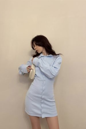 Elegant Polo Dress with Waist-Cinching and Bodycon Skirt in Organic Cotton - 2025 Spring American Style Long Sleeve Dress