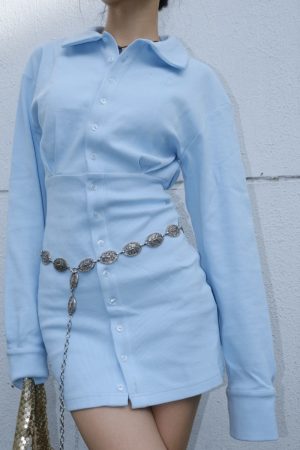 Elegant Polo Dress with Waist-Cinching and Bodycon Skirt in Organic Cotton - 2025 Spring American Style Long Sleeve Dress