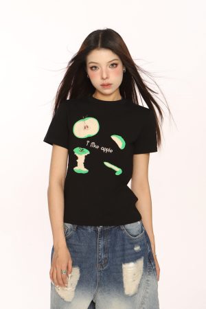 Embroidered Apple Short Sleeve T-Shirt for Women, Slim Fit American Style, White Hot Girl Top, Casual Y2K Fashion