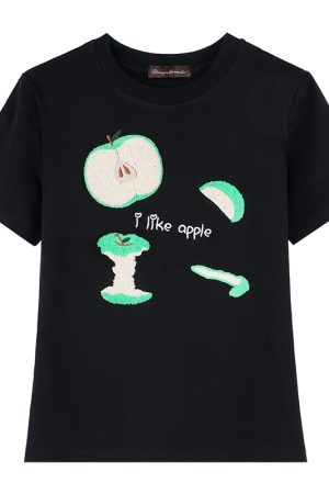 Embroidered Apple Short Sleeve T-Shirt for Women, Slim Fit American Style, White Hot Girl Top, Casual Y2K Fashion