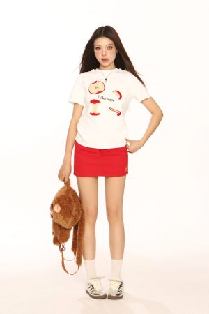 Embroidered Apple Short Sleeve T-Shirt for Women, Slim Fit American Style, White Hot Girl Top, Casual Y2K Fashion