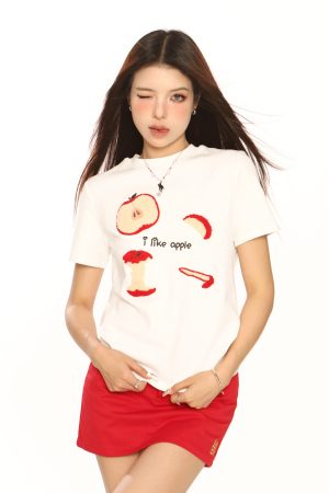Embroidered Apple Short Sleeve T-Shirt for Women, Slim Fit American Style, White Hot Girl Top, Casual Y2K Fashion