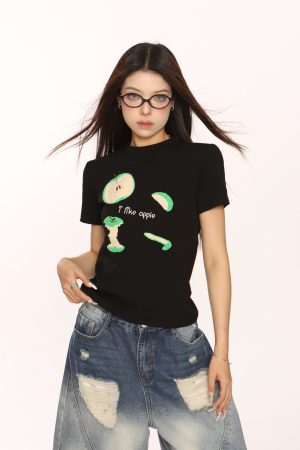 Embroidered Apple Short Sleeve T-Shirt for Women, Slim Fit American Style, White Hot Girl Top, Casual Y2K Fashion