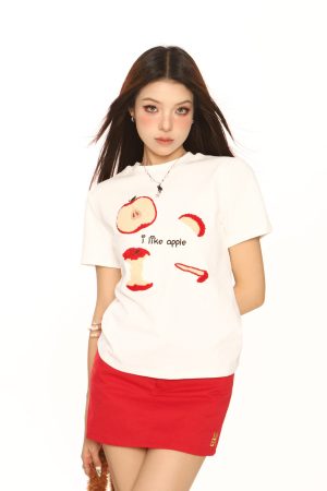 Embroidered Apple Short Sleeve T-Shirt for Women, Slim Fit American Style, White Hot Girl Top, Casual Y2K Fashion