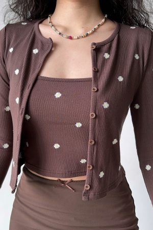 Embroidered Camisole Cardigan Two-Piece Set - Women's Slim Fit Short Sleeve Top in European & American Style, Perfect for Y2K Fashion
