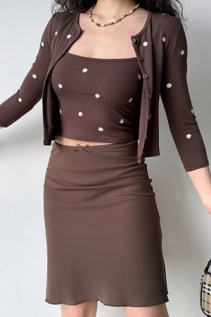 Embroidered Camisole Cardigan Two-Piece Set - Women's Slim Fit Short Sleeve Top in European & American Style, Perfect for Y2K Fashion