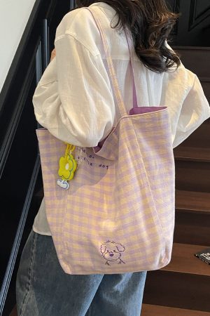 Embroidered Checkered Bucket Bag - Large Capacity, Artistic Design for Summer 2025, Perfect for Students and Commuters