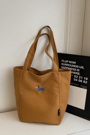 Embroidered Dachshund Canvas Tote Bag for Women, Large Capacity Student Shoulder Bag, Casual Versatile Commuter Style