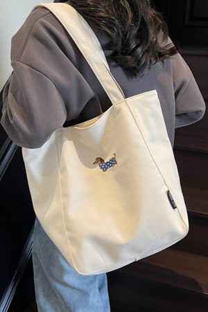 Embroidered Dachshund Canvas Tote Bag for Women, Large Capacity Student Shoulder Bag, Casual Versatile Commuter Style