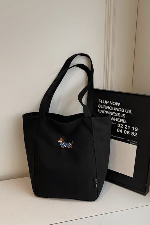 Embroidered Dachshund Canvas Tote Bag for Women, Large Capacity Student Shoulder Bag, Casual Versatile Commuter Style