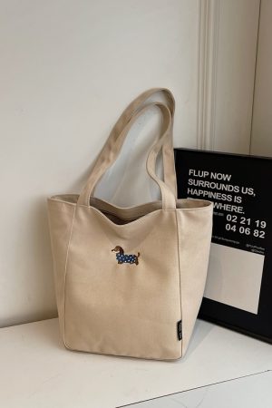 Embroidered Dachshund Canvas Tote Bag for Women, Large Capacity Student Shoulder Bag, Casual Versatile Commuter Style