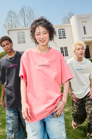 Embroidered Dopamine Letter Short Sleeve T-Shirt - Vintage American Streetwear Unisex 2025 Model, Trendy Retro Style