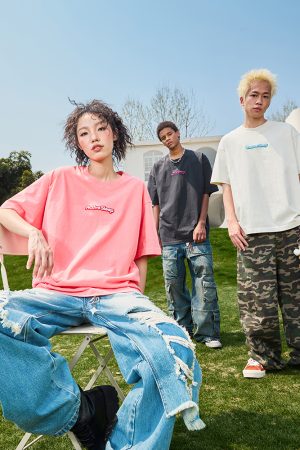 Embroidered Dopamine Letter Short Sleeve T-Shirt - Vintage American Streetwear Unisex 2025 Model, Trendy Retro Style