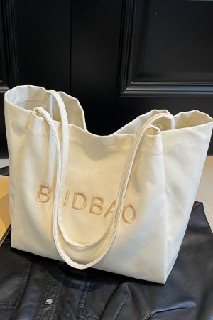 Embroidered Letter Canvas Large Tote Bag for Women - 2025 Shoulder Shopping Bag with High Capacity, Commuter & Lazy Style