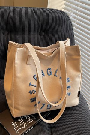 Embroidered Letter Canvas Tote Bag for Women - Large Capacity Shoulder Bag, Unique Versatile Commuter Style, 2025 Fashion