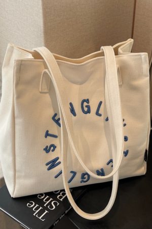 Embroidered Letter Canvas Tote Bag for Women - Large Capacity Shoulder Bag, Unique Versatile Commuter Style, 2025 Fashion
