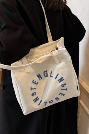 Embroidered Letter Canvas Tote Bag for Women - Large Capacity Shoulder Bag, Unique Versatile Commuter Style, 2025 Fashion