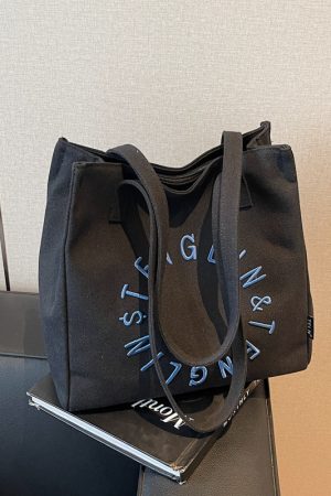 Embroidered Letter Canvas Tote Bag for Women - Large Capacity Shoulder Bag, Unique Versatile Commuter Style, 2025 Fashion