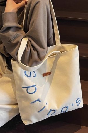 Embroidered Letter Canvas Tote Bag for Women, Large Capacity Casual Shoulder Bag, Versatile Student Commuting Handbag