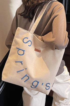 Embroidered Letter Canvas Tote Bag for Women, Large Capacity Casual Shoulder Bag, Versatile Student Commuting Handbag