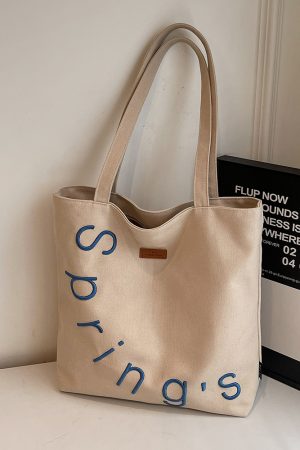 Embroidered Letter Canvas Tote Bag for Women, Large Capacity Casual Shoulder Bag, Versatile Student Commuting Handbag