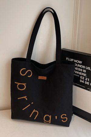 Embroidered Letter Canvas Tote Bag for Women, Large Capacity Casual Shoulder Bag, Versatile Student Commuting Handbag