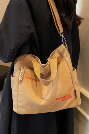 Embroidered Letter Canvas Tote Bag for Women, Large Capacity Commuter Handbag, Versatile Crossbody Bag for School & Daily Use