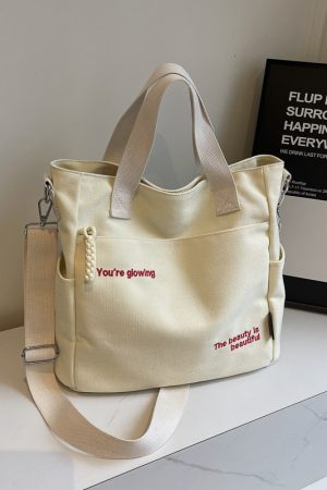 Embroidered Letter Canvas Tote Bag for Women, Large Capacity Commuter Handbag, Versatile Crossbody Bag for School & Daily Use